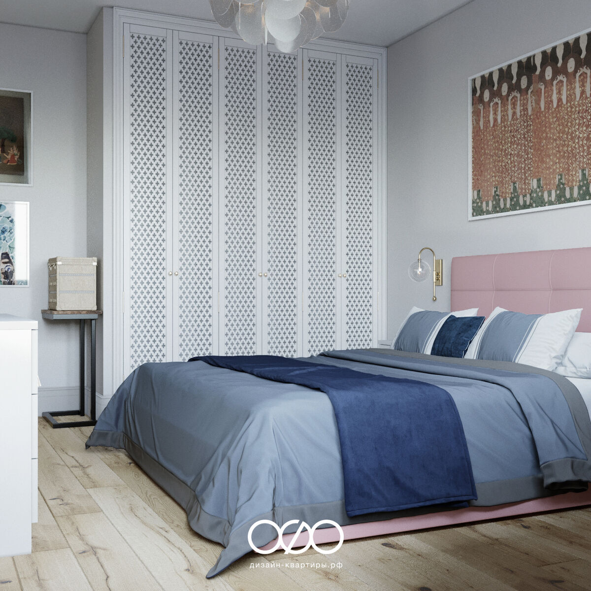 Дизайн бело-синей спальни